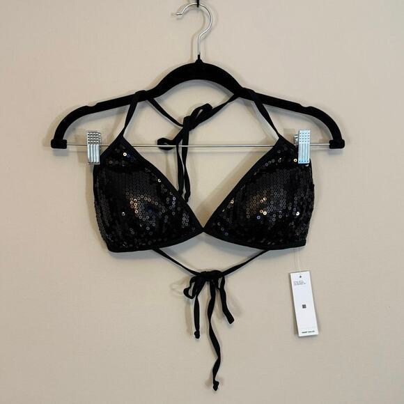 Kensie Two Piece Bikini Set L Black Sequins Halter Tie Straps Beach Summer NWT - Picture 2 of 16